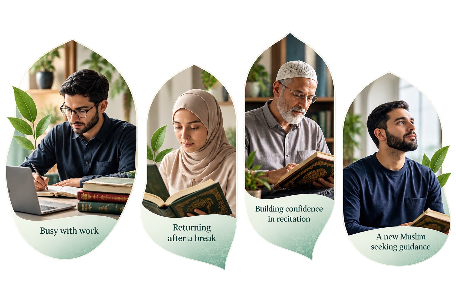 Adult Quran learners at different stages: a working professional, a returning learner, an older reciter and a new Muslim